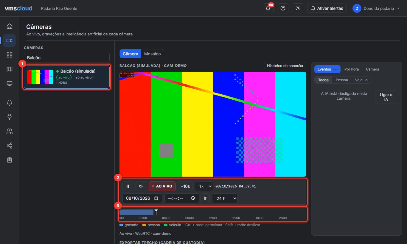 Tela da câmera ao vivo com a barra de controles e a linha do tempo