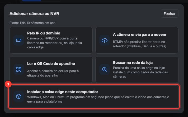 Assistente Adicionar câmera ou NVR com a opção Instalar a caixa edge neste computador