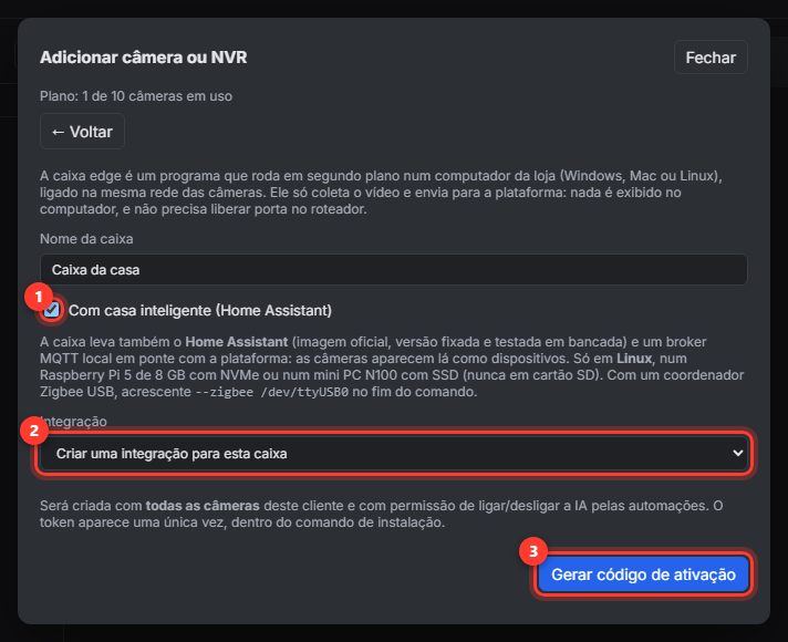 Tela da caixa edge com o marcador Com casa inteligente e a integração a criar