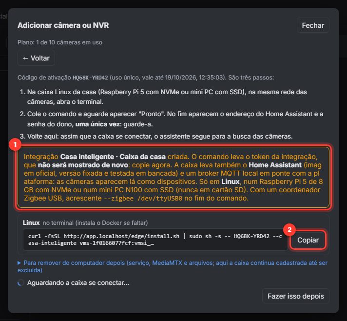 Comando de instalação do Linux com --casa-inteligente e o aviso de que o token não será mostrado de novo