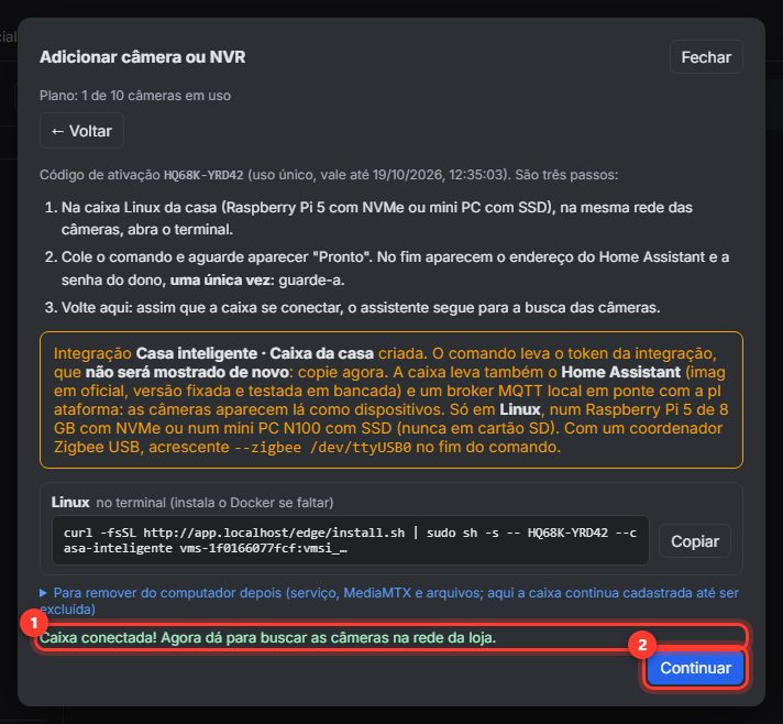 Assistente com a mensagem Caixa conectada e o botão Continuar