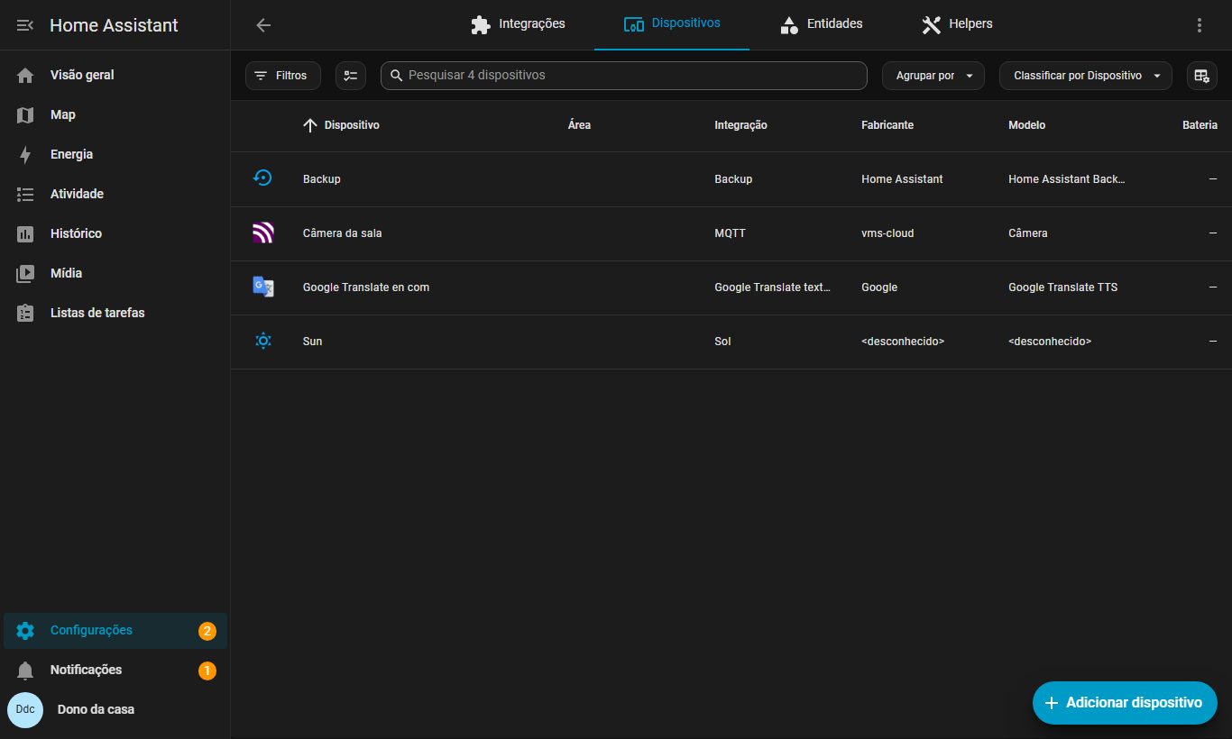 Lista de dispositivos do Home Assistant com a câmera vinda pela integração MQTT