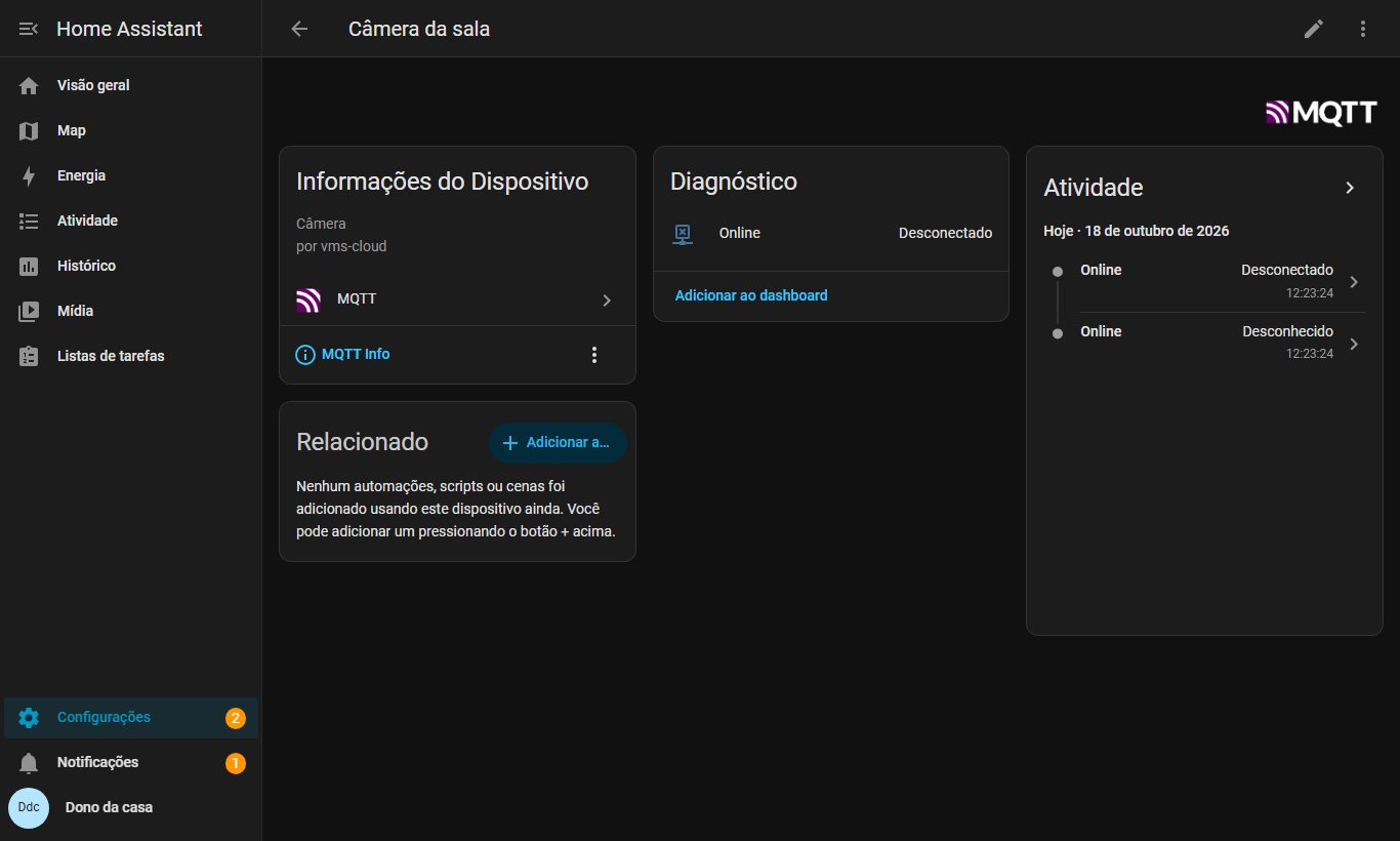 Página do dispositivo da câmera no Home Assistant com o sensor Online