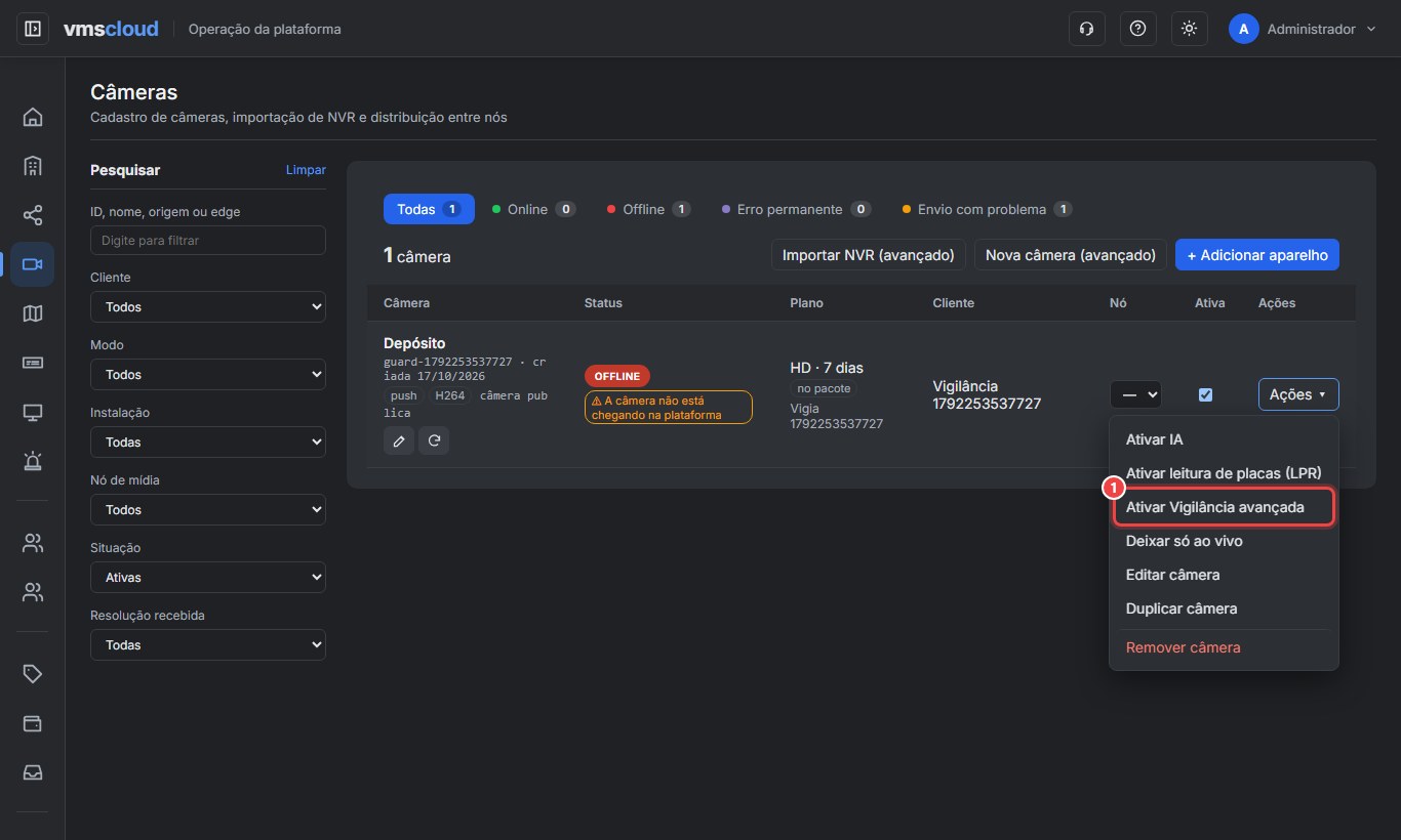 Menu Ações da câmera com Ativar Vigilância avançada