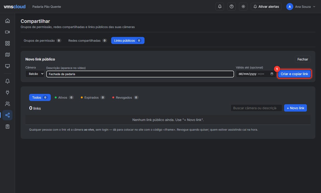 Formulário Novo link público com câmera e descrição