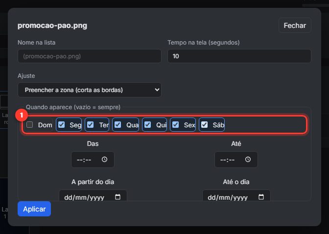 Janela do item com dias da semana, horário e datas