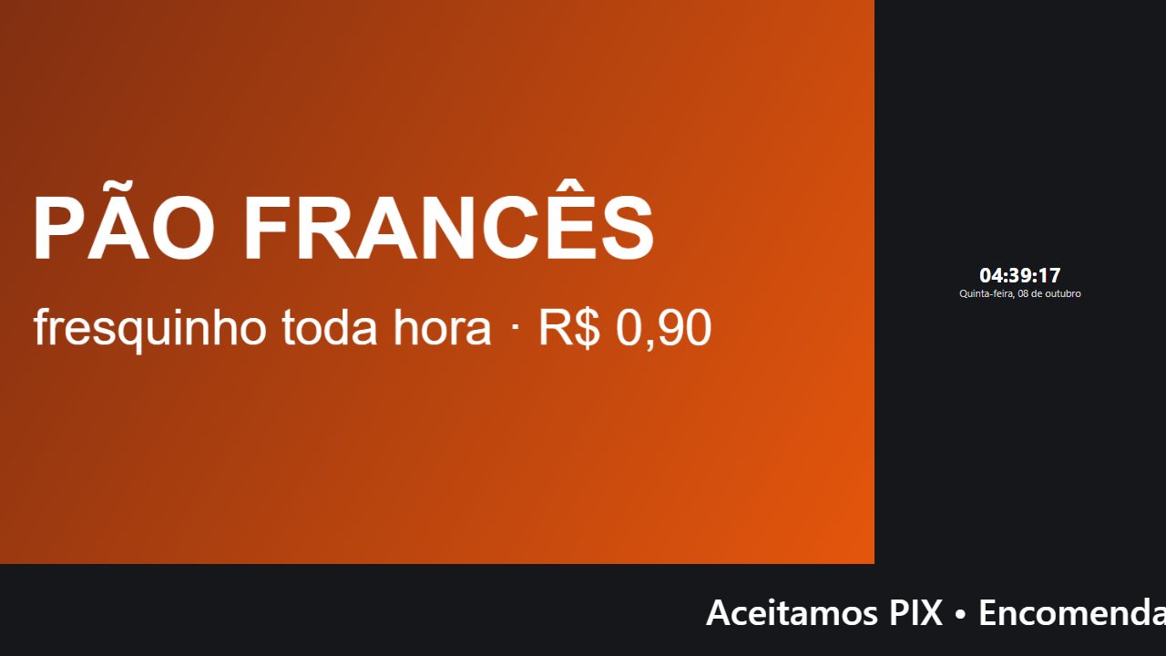 TV tocando: promoção na zona principal, relógio na lateral e letreiro no rodapé