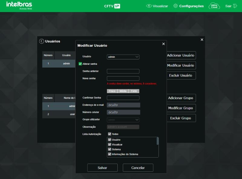 Janela Modificar Usuário com Alterar senha marcado